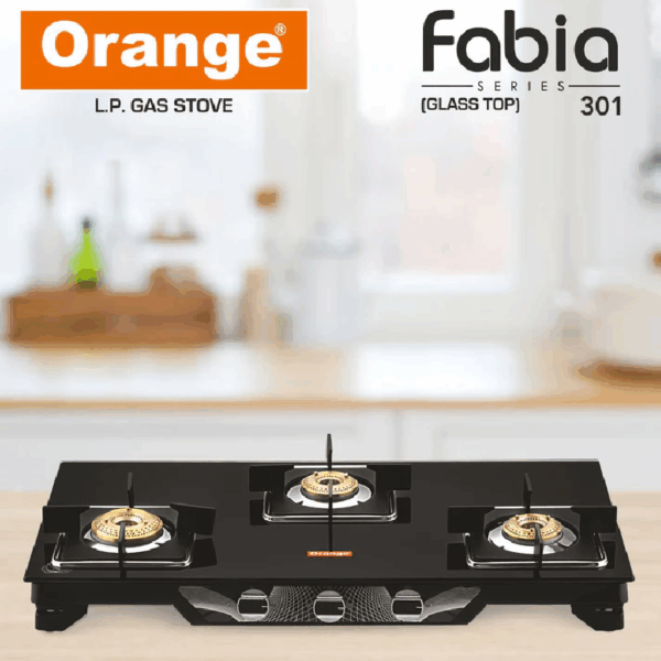 Orange Gas Stove Fabia 301 Jumbo with 3 Burner, Toughened Glass Top OLPG253