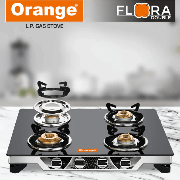 Orange Gas Stove Flora 401 with 4 Burner, Toughened Glass Top OLPG251