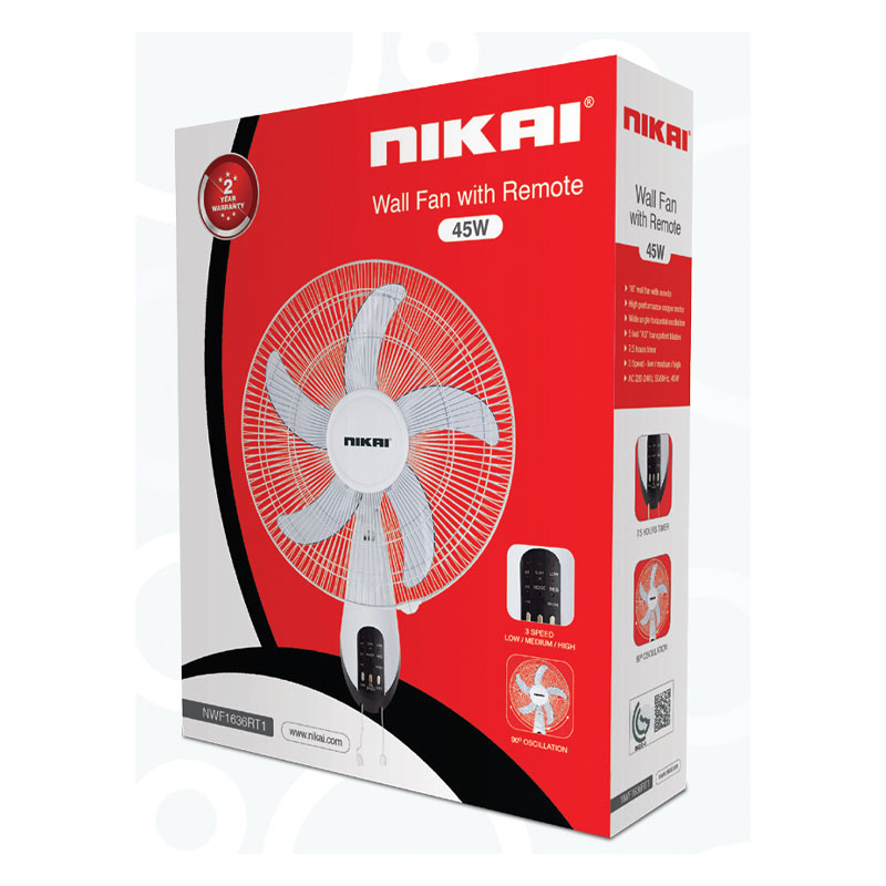 Nikai Wall Fan 16 Inch 5 Blades 3 Speeds 45W Nwf1636Rt1 T Class Copper Motor 120 Grill 5 As Knife Blades With Remote Control 4 Nikai Wall Fan 16 Inch 5 Blades 3 Speeds 45W Nwf1636Rt1 T Class Copper Motor 120 Grill 5 As Knife Blades With Remote Control