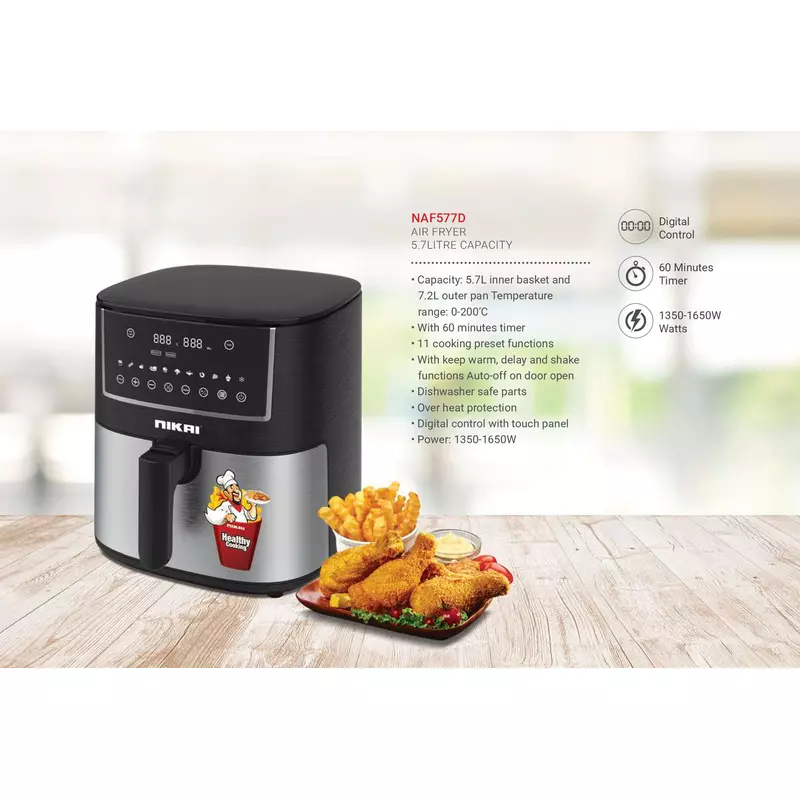 Nikai Airfryer 5.7L Digital 1650W Naf577D 60 Mins Timer 11 Preset Cooking With Touch Panel 2 Nikai Airfryer 5.7L Digital 1650W Naf577D 60 Mins Timer 11 Preset Cooking With Touch Panel