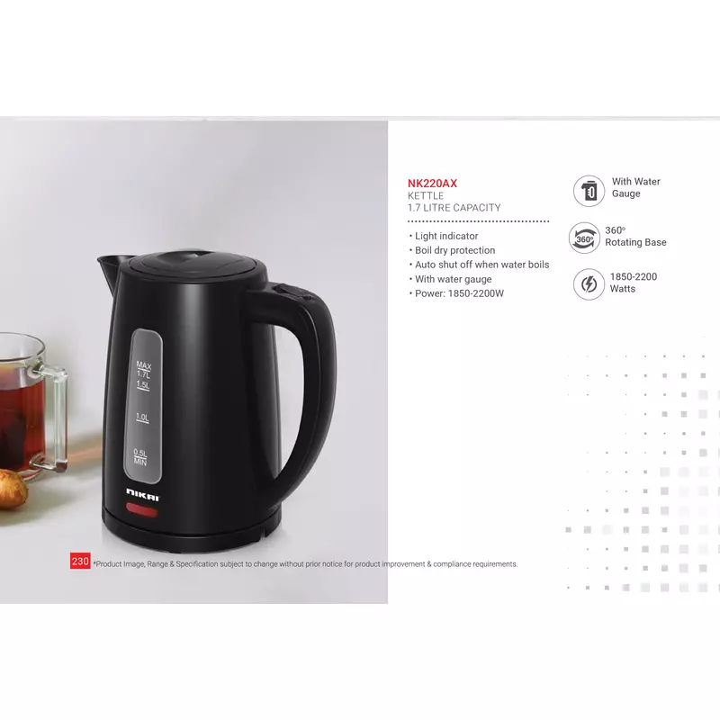 Nikai Jug Kettle 1.7L Plastic With Water Guage 2200W Nk220Ax Automatic Shut Off Boil Dry Protection With Indicator 3 Nikai Jug Kettle 1.7L Plastic With Water Guage 2200W Nk220Ax Automatic Shut Off Boil Dry Protection With Indicator