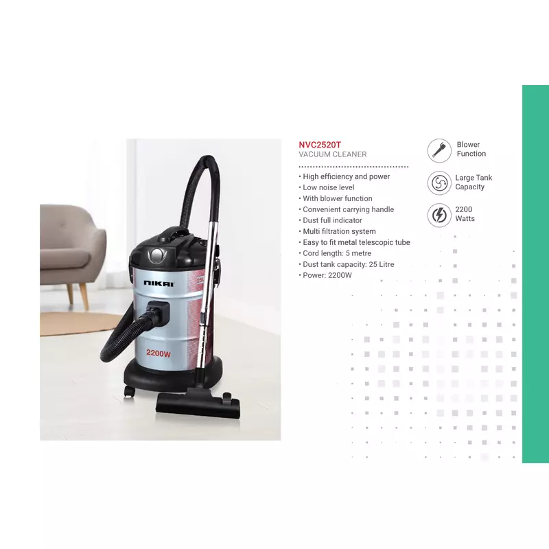Nikai Vacuum Cleaner 25L Drum With Blower Function 2200W Nvc2520T Metal Telescopic Tube High Efficiency And Power Dust Full Indicator 5M Cord Length Multi Filtration System 3 Nikai Vacuum Cleaner 25L Drum With Blower Function 2200W Nvc2520T Metal Telescopic Tube High Efficiency And Power Dust Full Indicator 5M Cord Length Multi Filtration System
