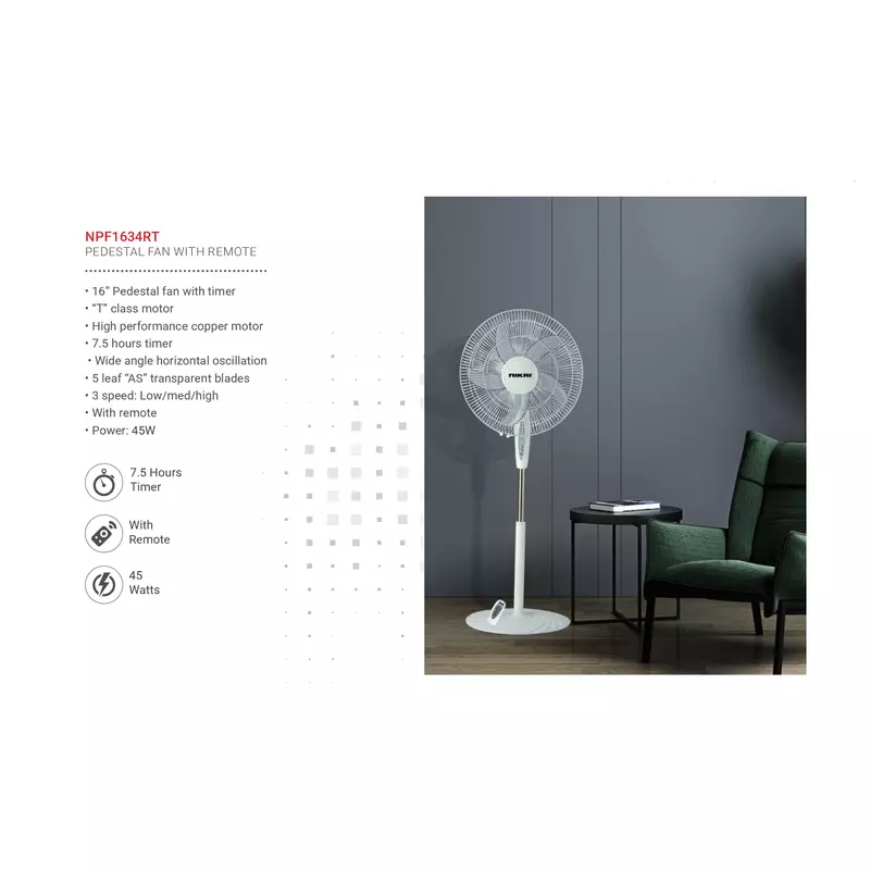 Nikai Stand Fan 16 Inch Padestal Fan W/Remote 45W Npf1634Rt 7.5 Hours Timer High Performance Copper Motor 3 Speeds Low, Medium And High 6 Nikai Stand Fan 16 Inch Padestal Fan W/Remote 45W Npf1634Rt 7.5 Hours Timer High Performance Copper Motor 3 Speeds Low, Medium And High