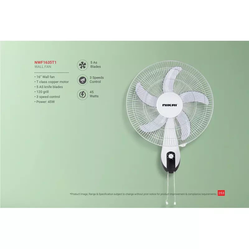 Nikai Wall Fan 16 Inch 5 Blades 3 Speeds 45W Nwf1635T1 T Class Copper Motor 120 Grill 5 As Knife Blades 3 Nikai Wall Fan 16 Inch 5 Blades 3 Speeds 45W Nwf1635T1 T Class Copper Motor 120 Grill 5 As Knife Blades