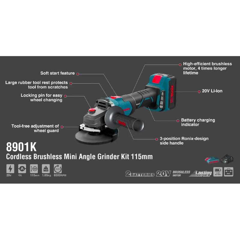 Ronix Brushless Angle Grinder 20V - 8901K 13 Ronix Brushless Angle Grinder 20V - 8901K