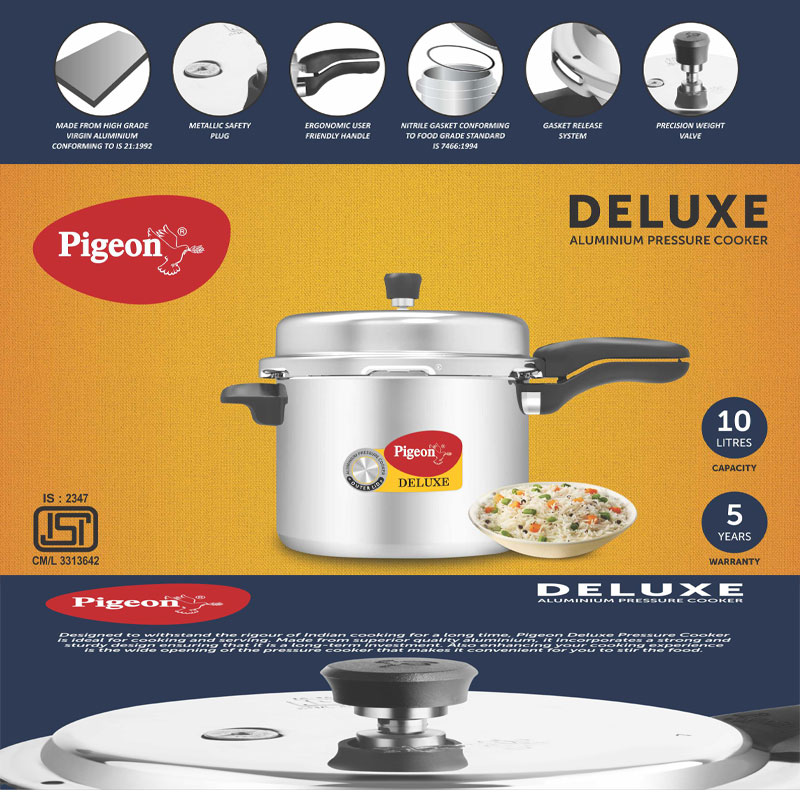 Pigeon Pressure Cooker 10L Deluxe Outer Lid Aluminium Sap 105 - Ergonomic Sturdy Handle Thermal Efficiency Special Alloy Safety Plug 8 Pigeon Pressure Cooker 10L Deluxe Outer Lid Aluminium Sap 105 - Ergonomic Sturdy Handle Thermal Efficiency Special Alloy Safety Plug