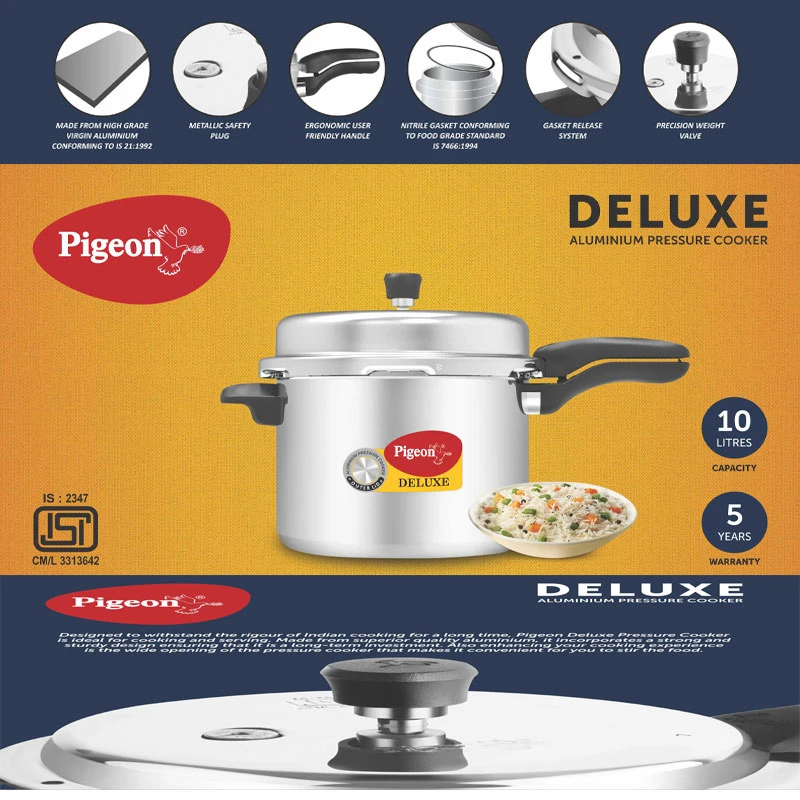 Pigeon Pressure Cooker 10L Deluxe Outer Lid Aluminium Sap 105 - Ergonomic Sturdy Handle Thermal Efficiency Special Alloy Safety Plug 8 Pigeon Pressure Cooker 10L Deluxe Outer Lid Aluminium Sap 105 - Ergonomic Sturdy Handle Thermal Efficiency Special Alloy Safety Plug