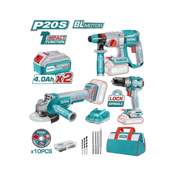Total Drill Machine Combo Kit 3Pcs, Cordless, Lithium-Ion 20V 4Ah With Impact Drill, Angle Grinder, Rotary Hammer Tosli240202 1 Total Drill Machine Combo Kit 3Pcs, Cordless, Lithium-Ion 20V 4Ah With Impact Drill, Angle Grinder, Rotary Hammer Tosli240202